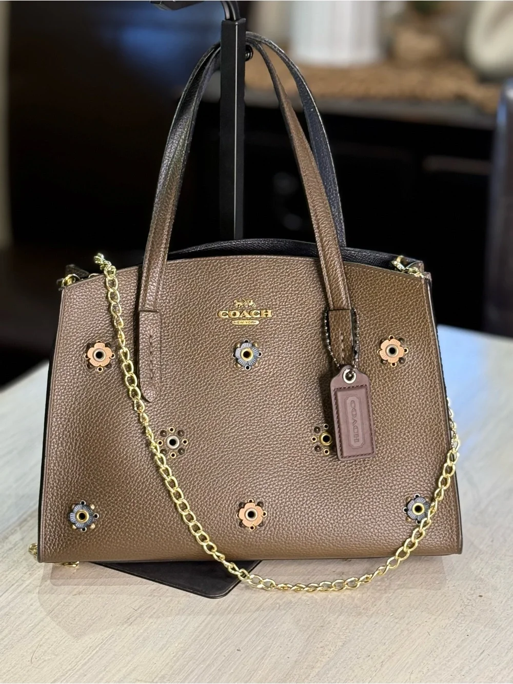 Rare COACH Charlie Pebbled Leather Satchel with Floral Grommets